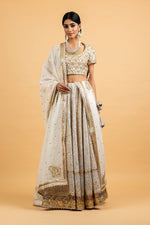 Load image into Gallery viewer, Banarasi  Kota Gold and Silver Foil Print With Dori Embroidery Chanderi Blouse Off White Lehenga Set
