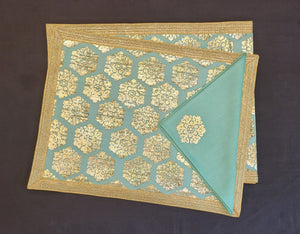 Aqua Dupion Silk Fabric With Metallic Foil Buta Print Table Mat and Lace Trim