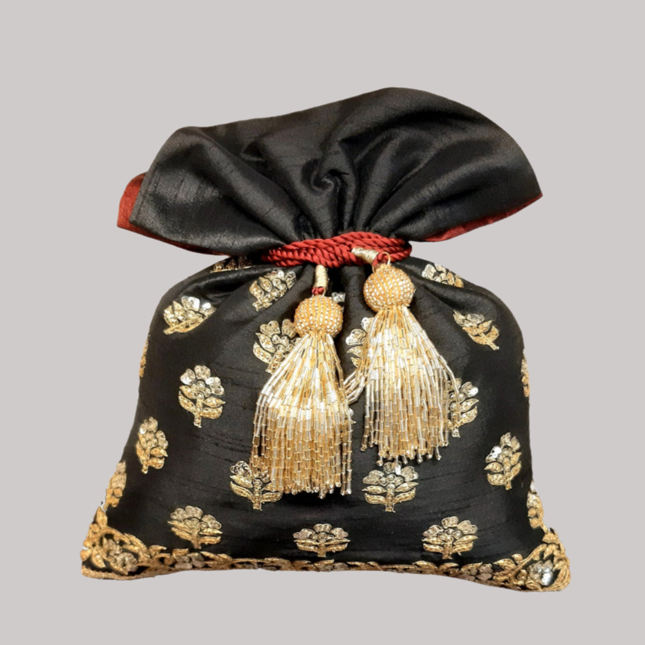 Dupion Silk Traditional Buti Embroidery Black Potli
