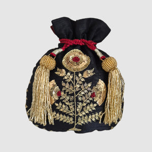 Dupion Silk Dhaliya Flower Big Buta Embroidery  Black Potli