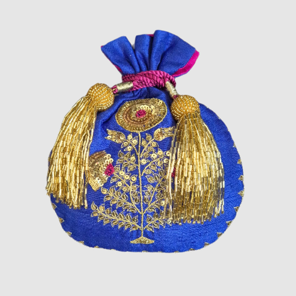 Dupion Silk Dhaliya Flower Big Buta Embroidery Blue Potli