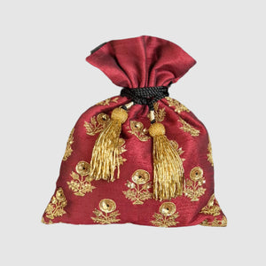 Dupion Silk Dhaliya Flower Small Buti Maroon Potli