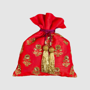 Dupion Silk Dhaliya Flower Small Buti Red Potli
