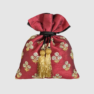 Dupion Silk Asharfi Flower Buti Embroidery Maroon Potli