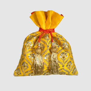 Dupion Silk Pankha Buti Jaal Embroidery Yellow Potli