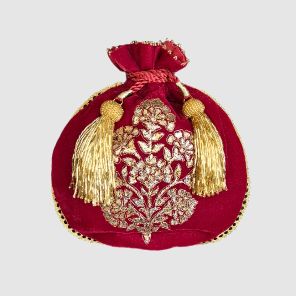 Velvet Matka Shape Foil Print With Dori Embroidery Gulbahar Buta Maroon Potli