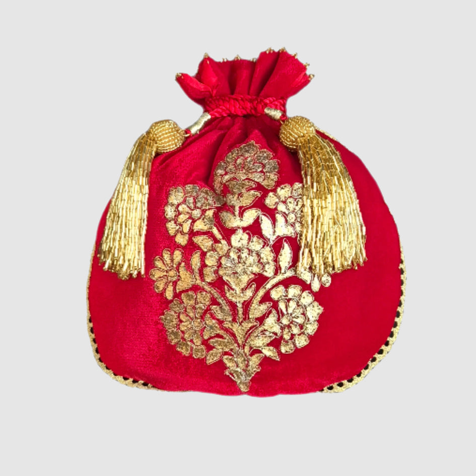 Velvet Matka Shape Foil Print With Dori Embroidery Gulbahar Buta Red Potli