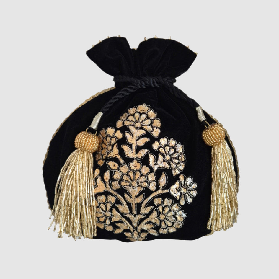 Velvet Matka Shape Foil Print With Dori Embroidery Gulbahar Buta Black Potli