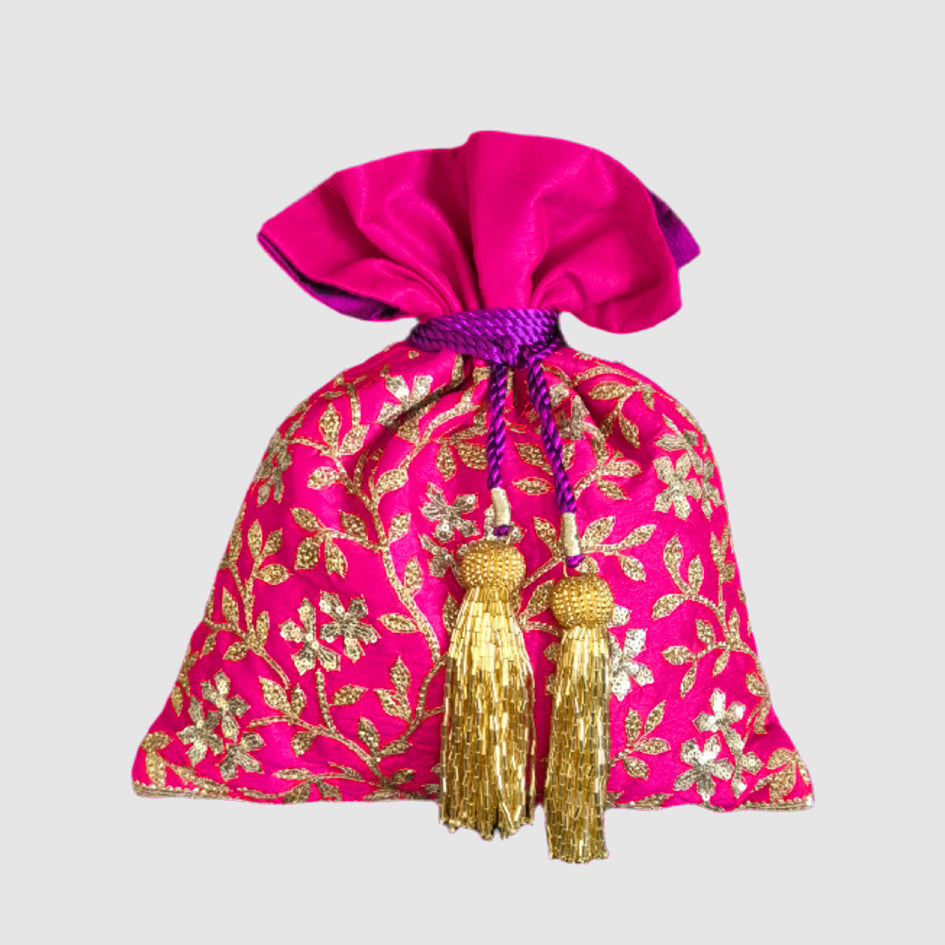 Dupion Silk Lily Flower Jaal Embroidery Magenta Potli