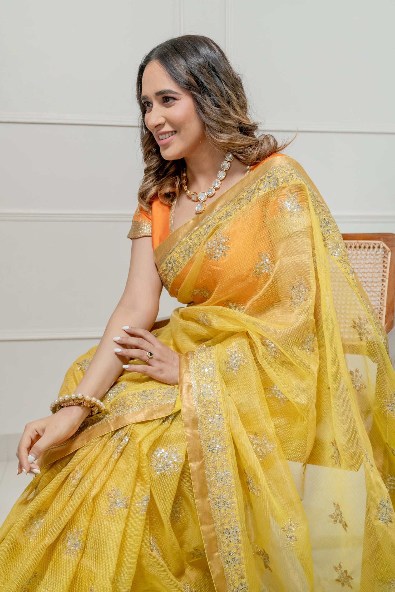 Kota Tissue Silver Lily Flower Broder with Buti Saree