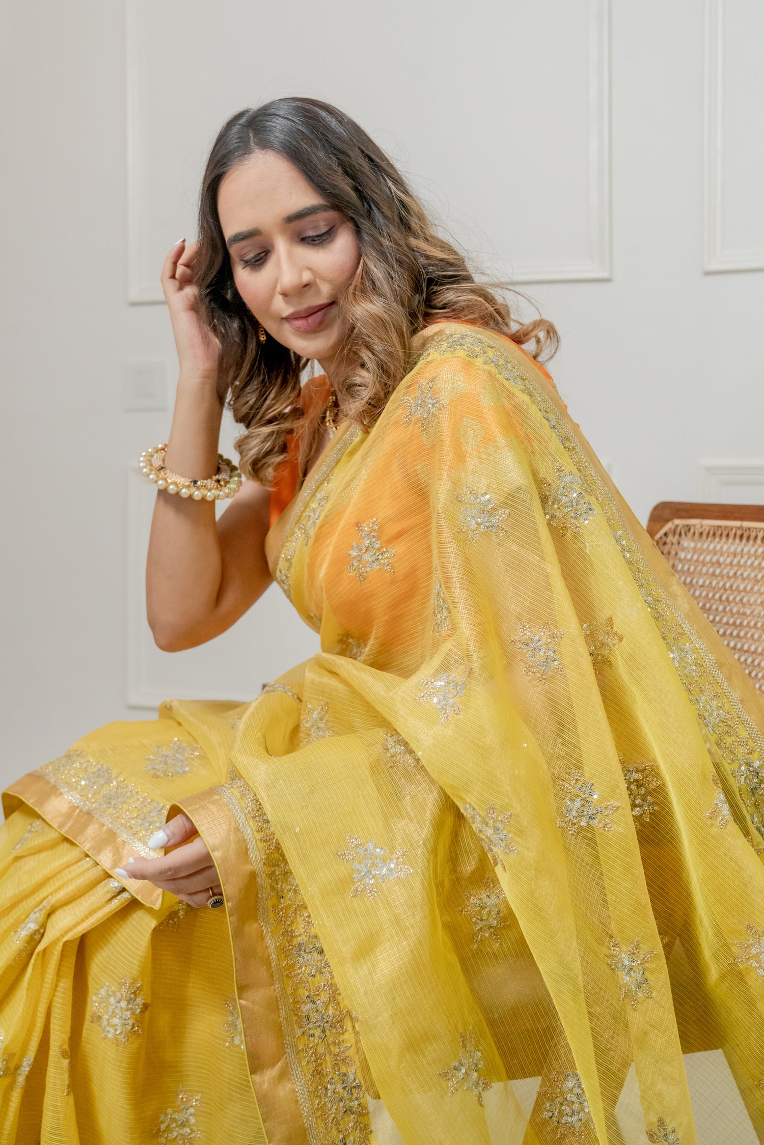 Kota Tissue Silver Lily Flower Broder with Buti Saree
