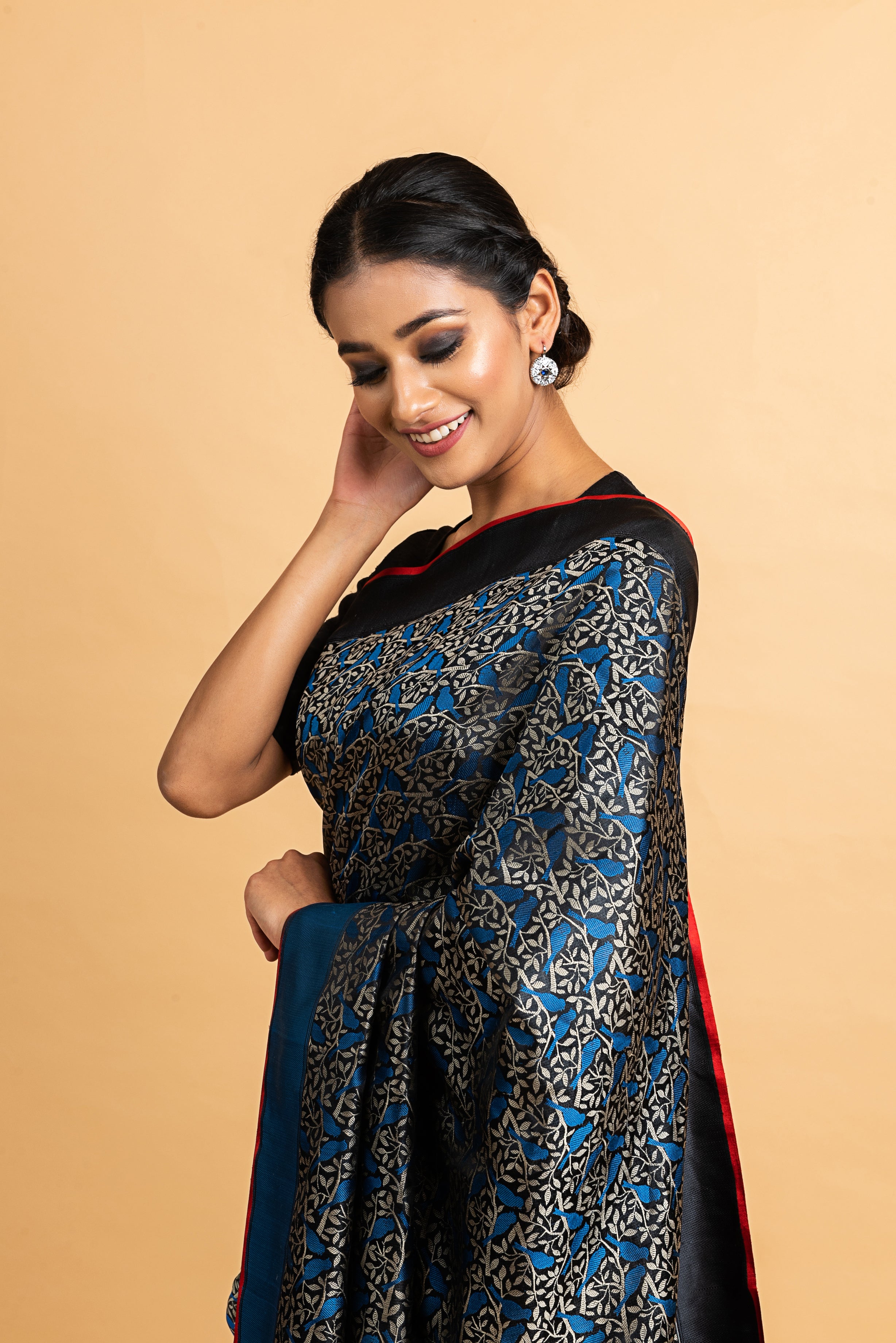 Benaras Satin Bird On Tree Saree
