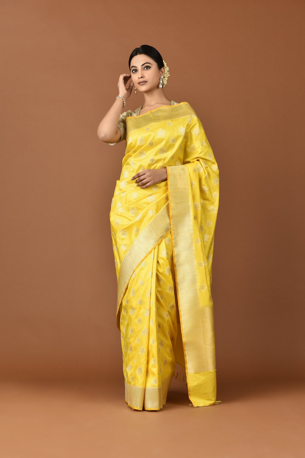 Banarasi Katan Silk Cluster Motif Silver and Gold Yellow Saree