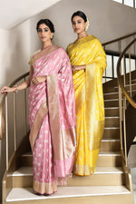 Load image into Gallery viewer, Banarasi Katan Silk Cluster Motif Silver and Gold Yellow Saree
