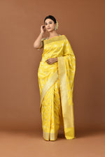 Load image into Gallery viewer, Banarasi Katan Silk Cluster Motif Silver and Gold Yellow Saree
