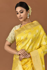 Load image into Gallery viewer, Banarasi Katan Silk Cluster Motif Silver and Gold Yellow Saree
