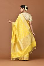 Load image into Gallery viewer, Banarasi Katan Silk Cluster Motif Silver and Gold Yellow Saree
