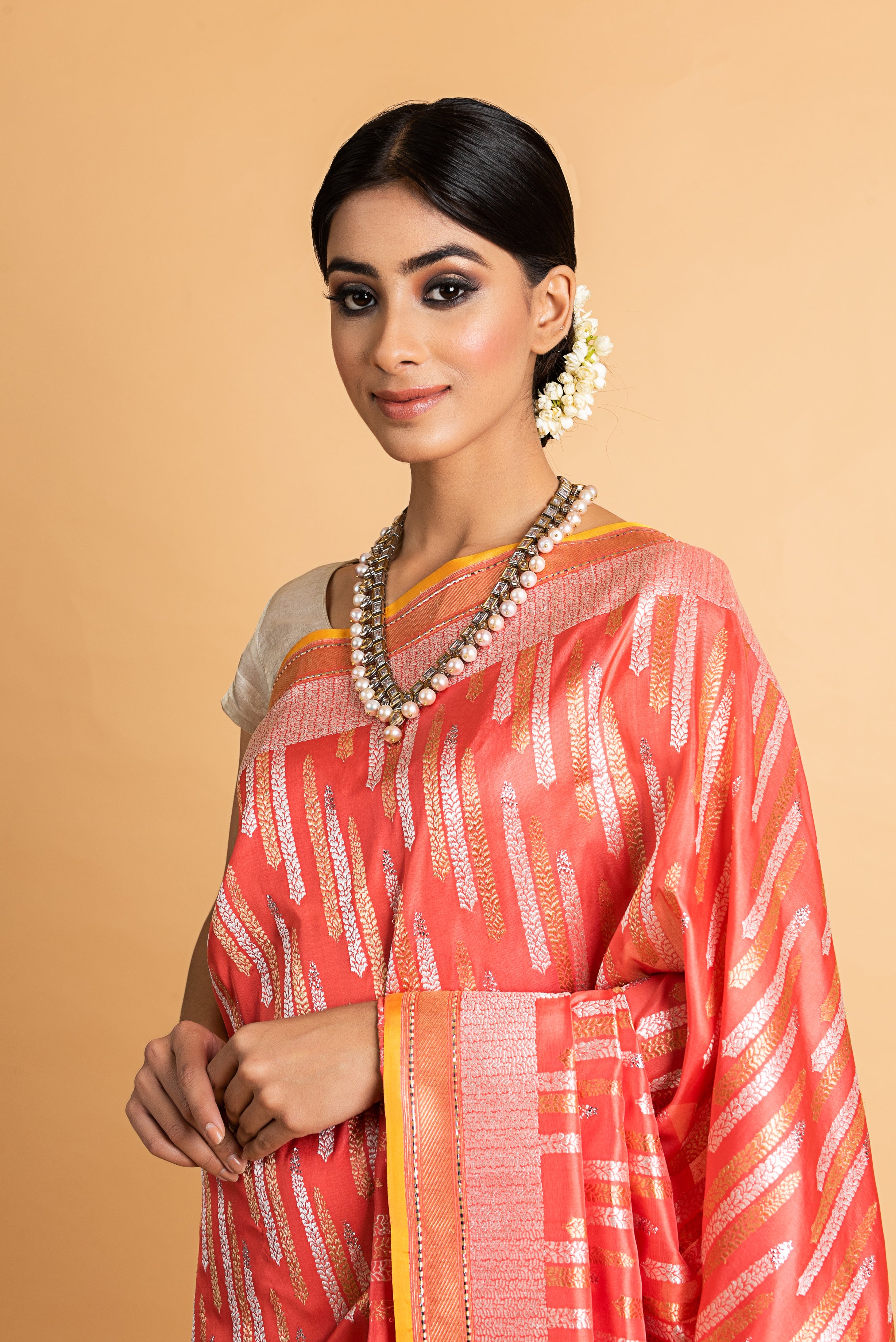 Benaras Katan Silk Silver and Gold Chhadi Fern Saree