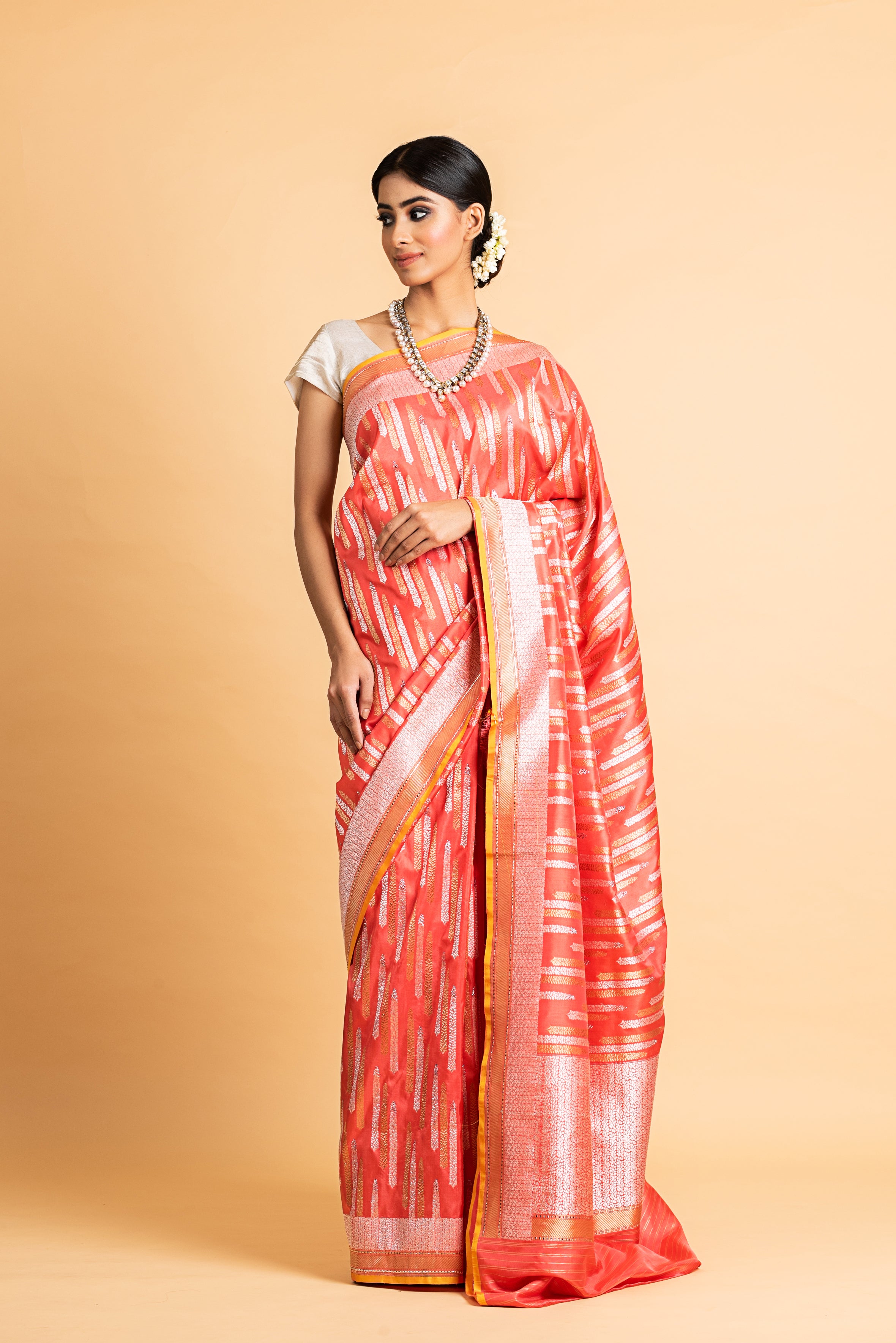 Benaras Katan Silk Silver and Gold Chhadi Fern Saree