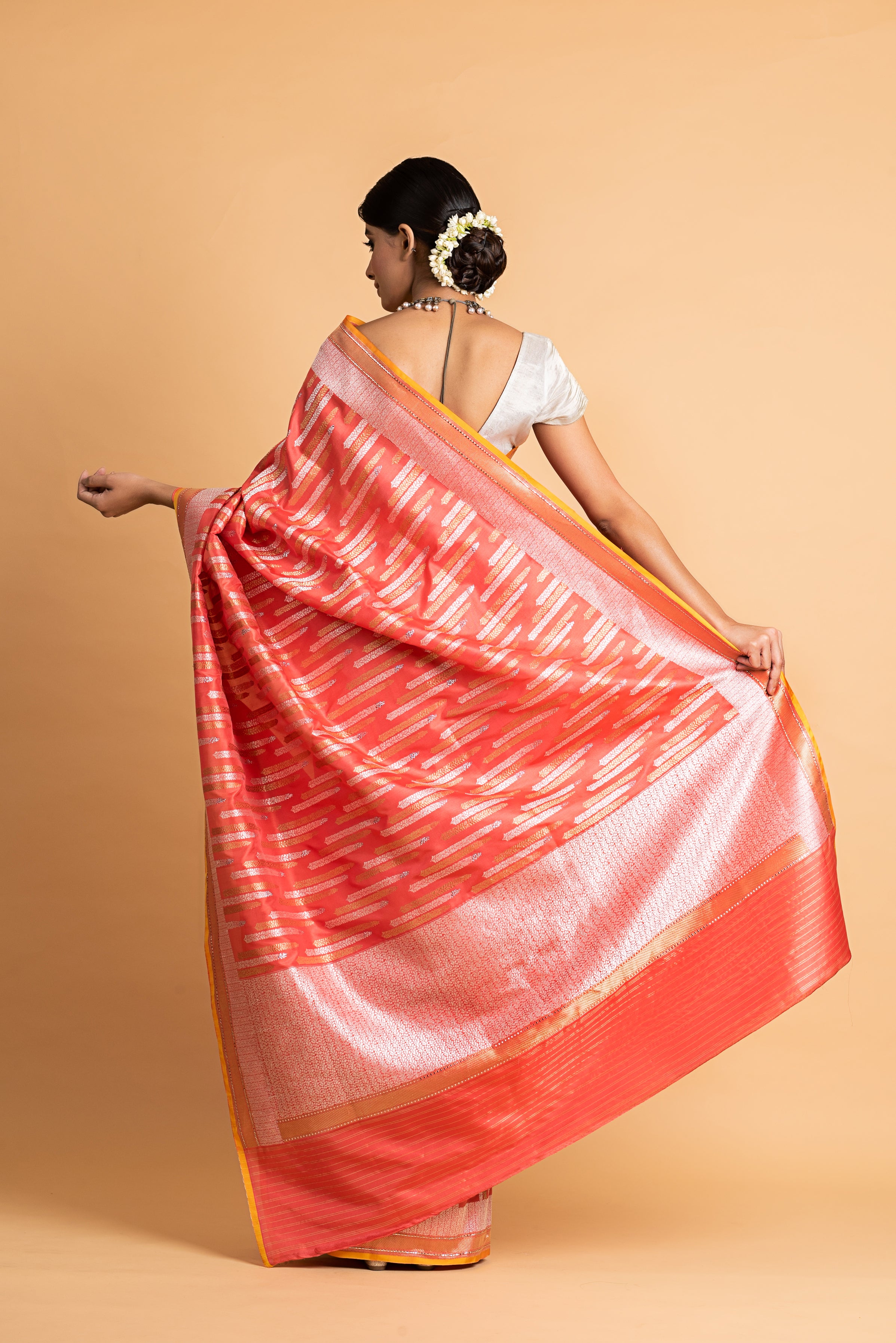 Benaras Katan Silk Silver and Gold Chhadi Fern Saree