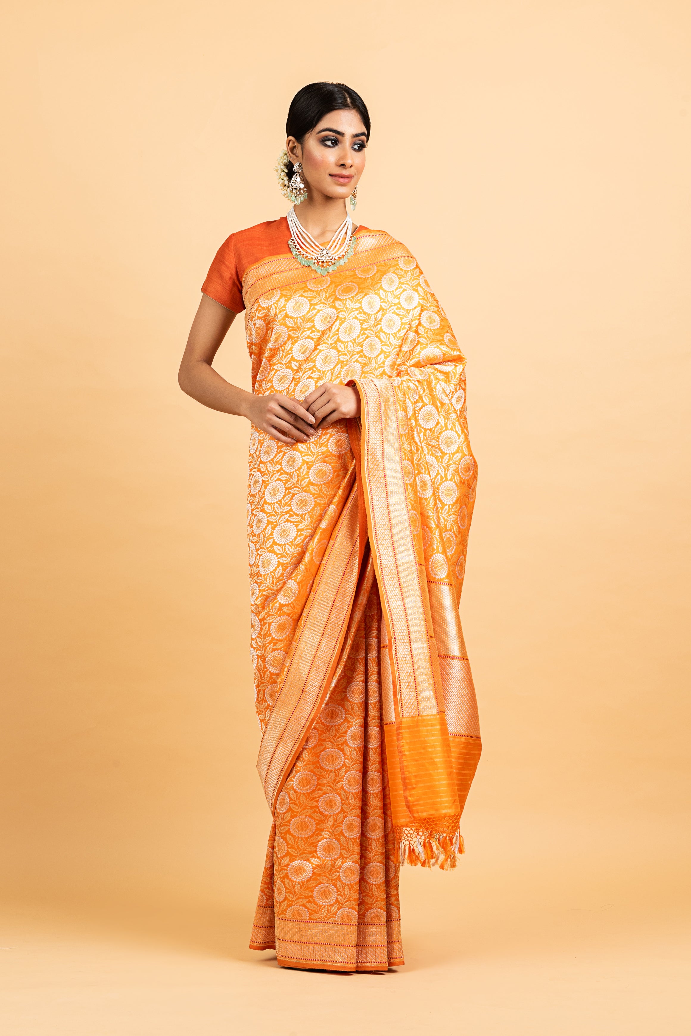 Benaras Silk Marigold Jaal Saree