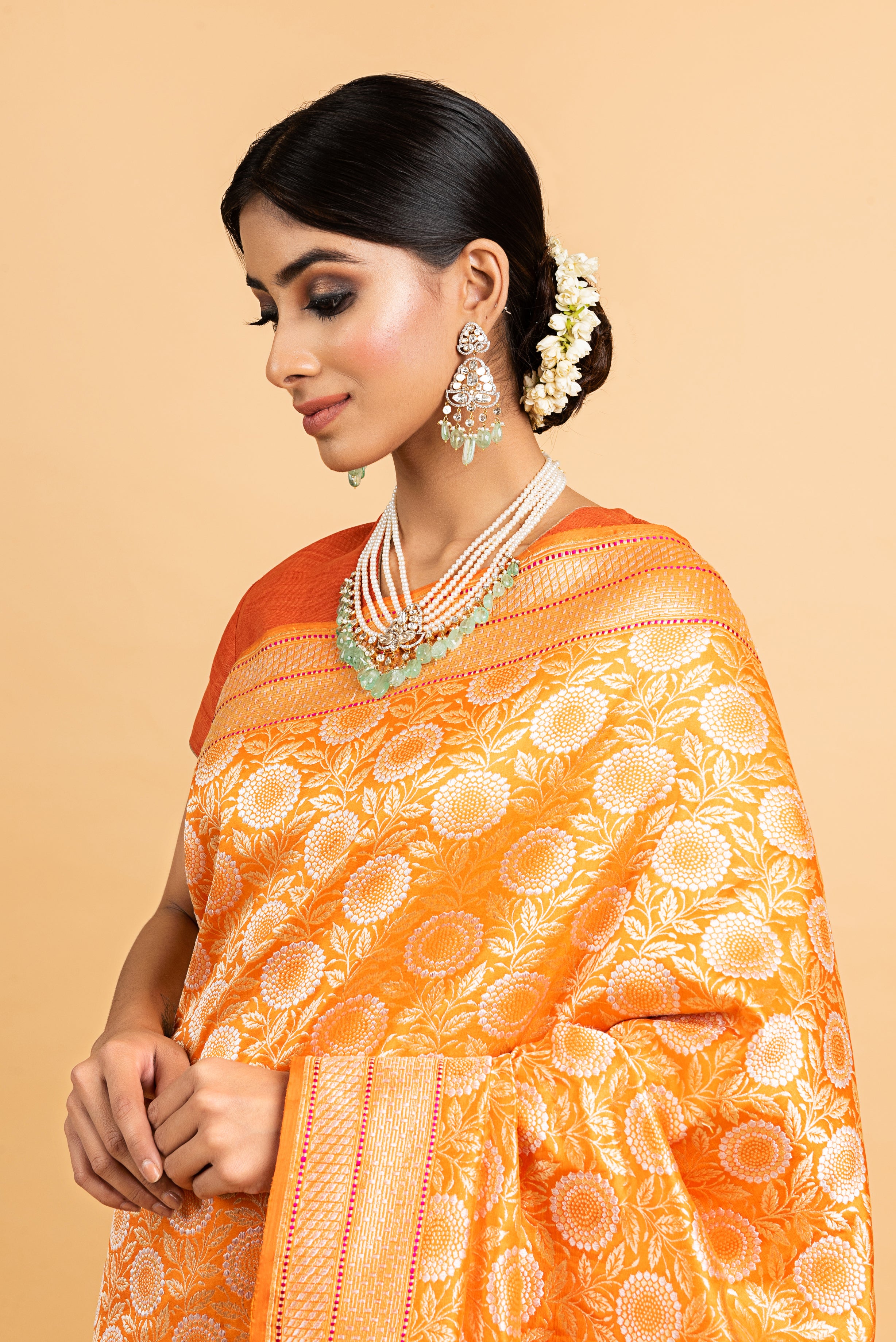 Benaras Silk Marigold Jaal Saree