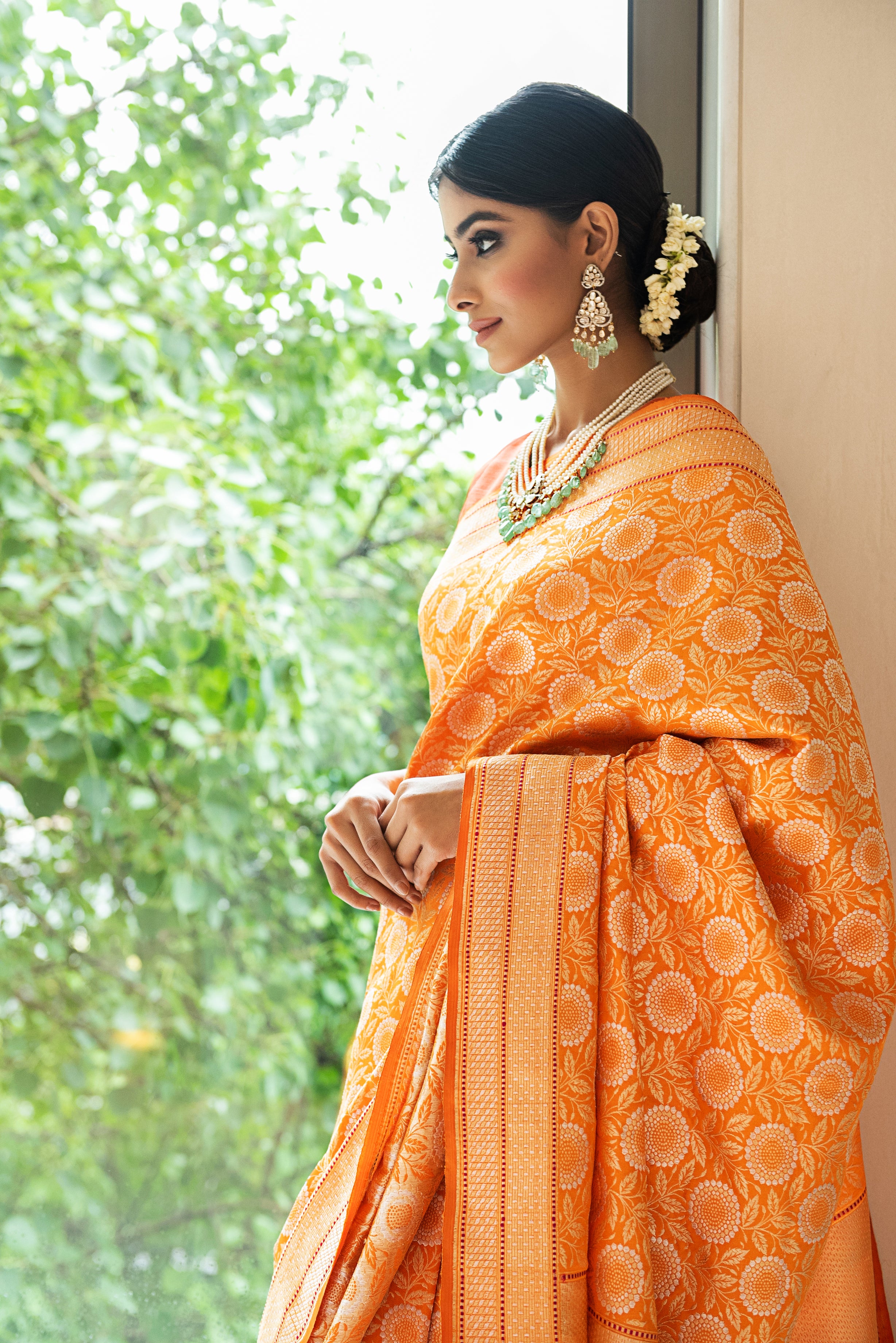 Benaras Silk Marigold Jaal Saree