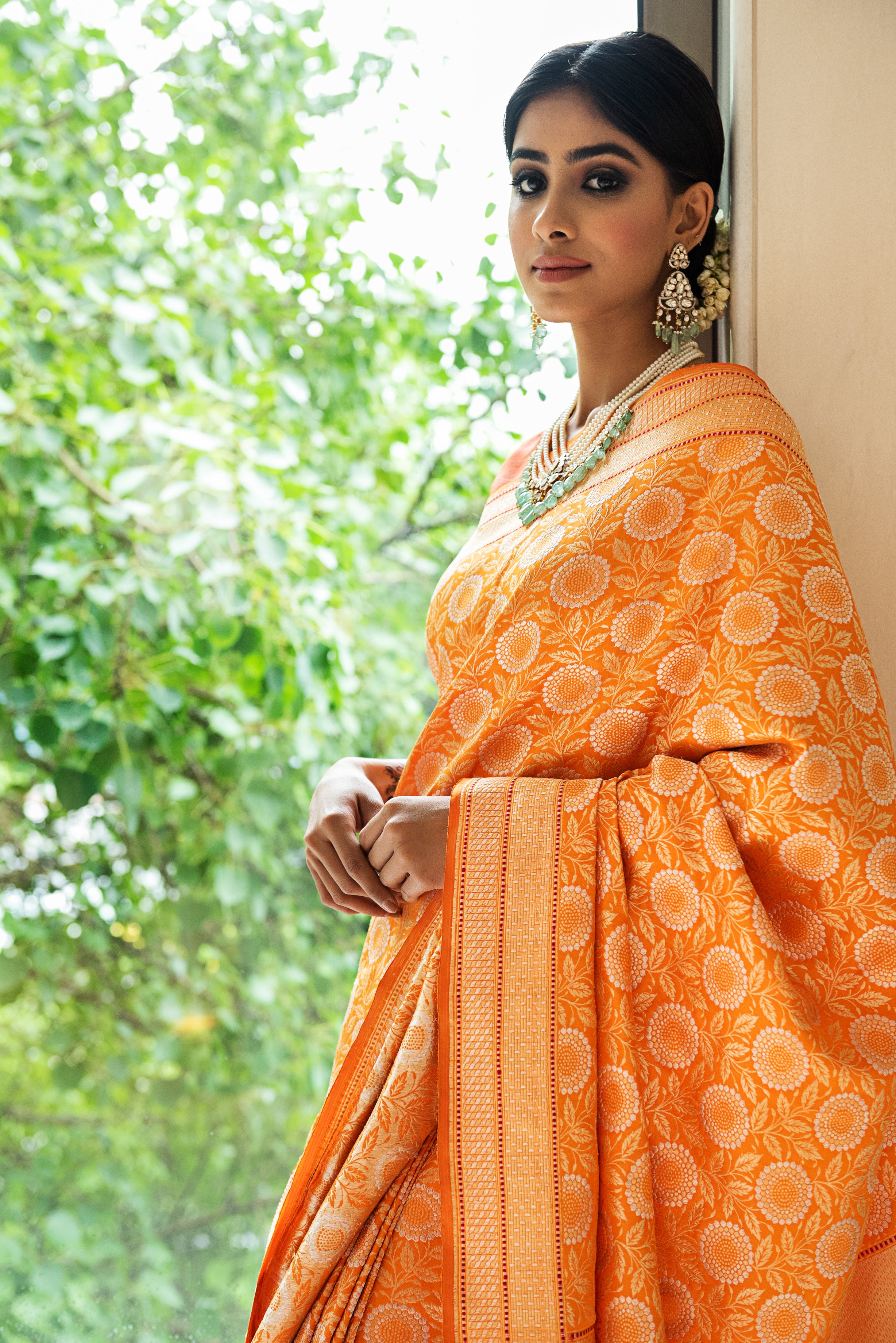 Benaras Silk Marigold Jaal Saree