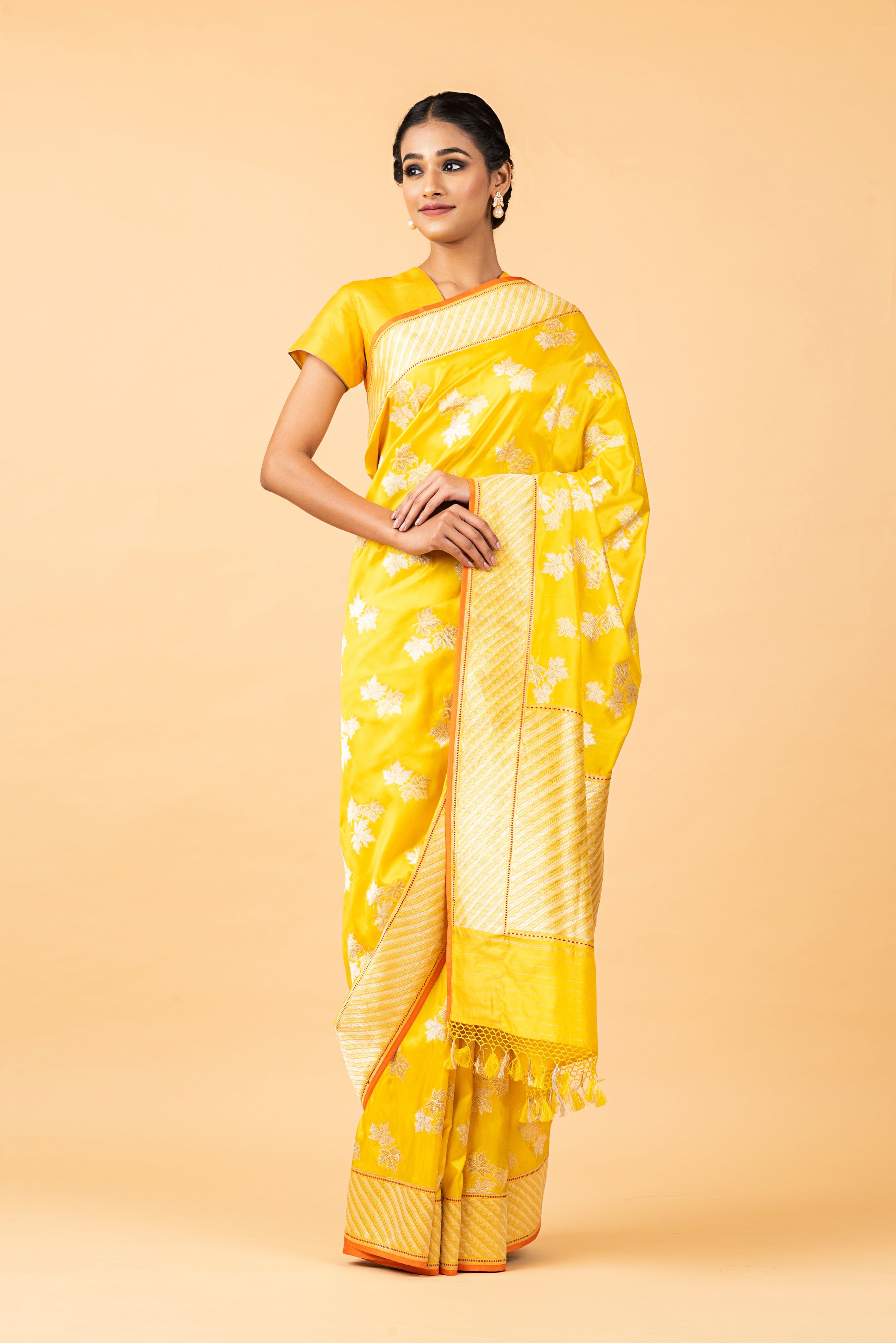 Banarasi Katan Silk Chinar Leaf Yellow Saree