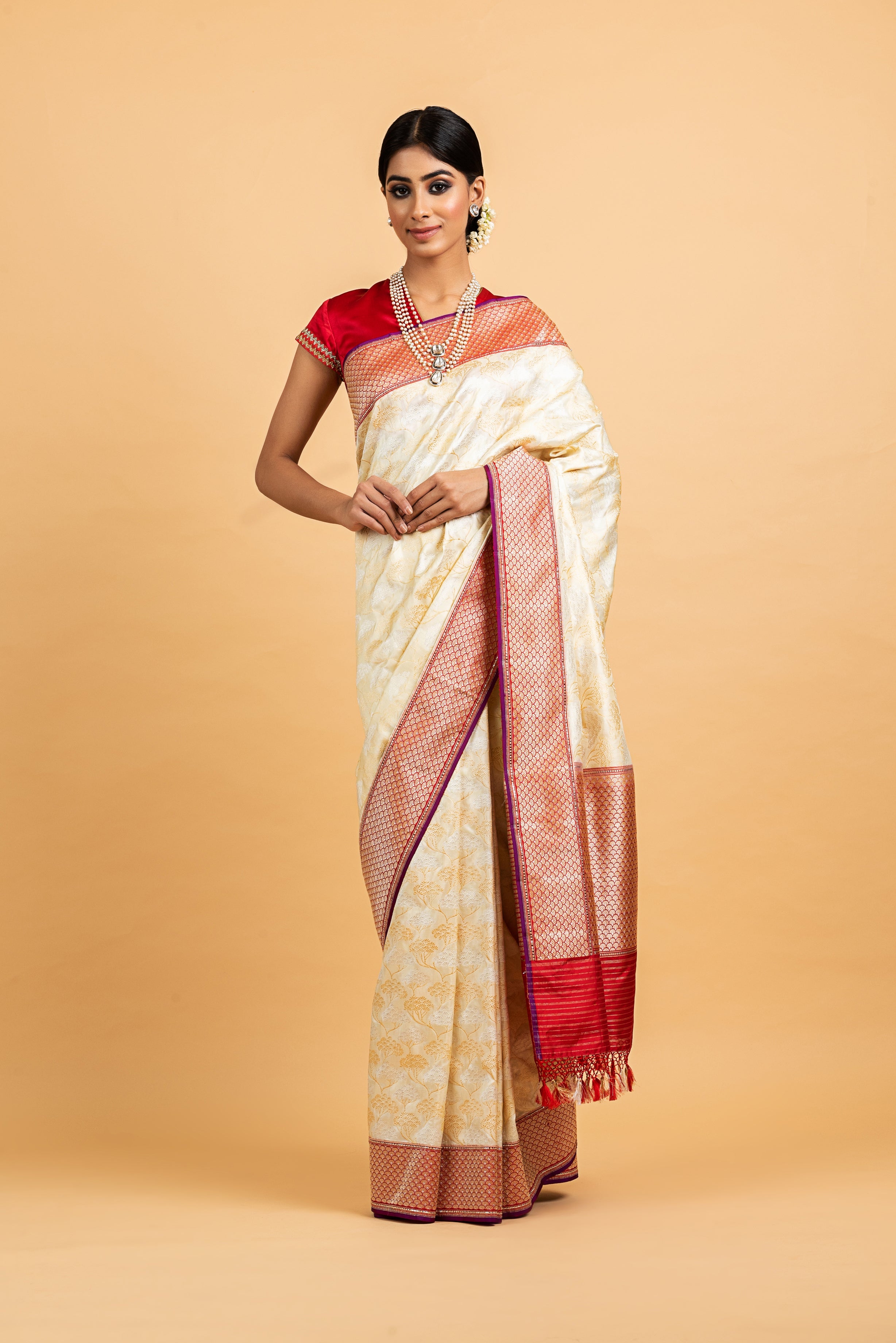 Benaras Silk Silver and Gold Tree Cluster with Contrast Red Border Saree