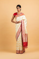 Load image into Gallery viewer, Benaras Silk Silver and Gold Tree Cluster with Contrast Red Border Saree
