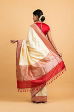 Load image into Gallery viewer, Benaras Silk Silver and Gold Tree Cluster with Contrast Red Border Saree
