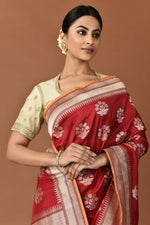 Load image into Gallery viewer, Banarasi Silk Lotus Buti Silver Gold Red Saree
