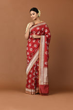 Load image into Gallery viewer, Banarasi Silk Lotus Buti Silver Gold Red Saree
