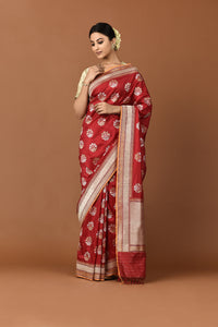 Banarasi Silk Lotus Buti Silver Gold Red Saree