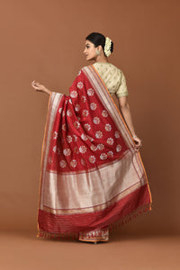 Banarasi Silk Lotus Buti Silver Gold Red Saree