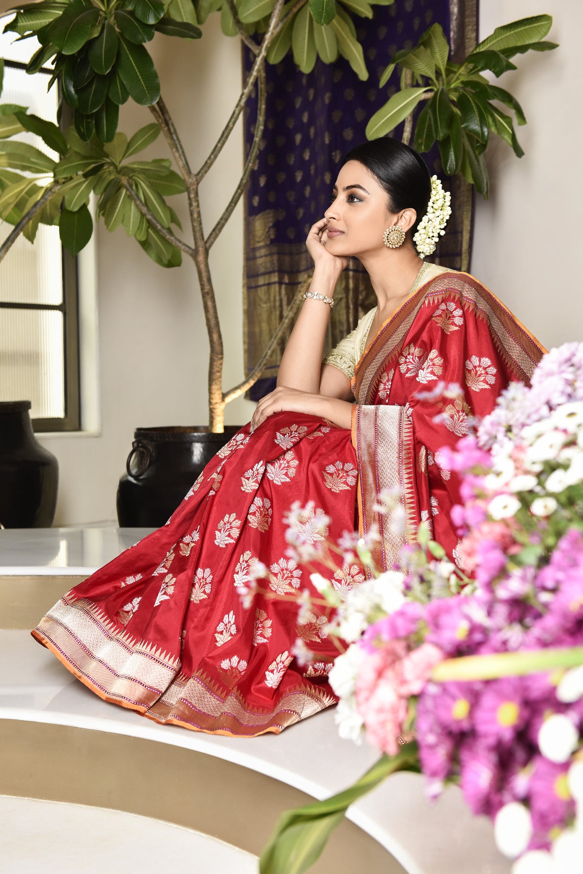 Banarasi Silk Lotus Buti Silver Gold Red Saree