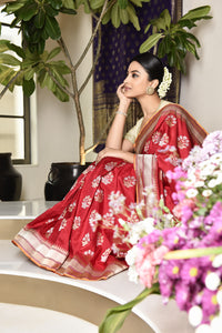 Banarasi Silk Lotus Buti Silver Gold Red Saree