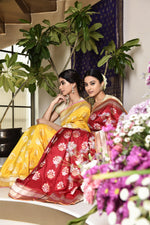 Load image into Gallery viewer, Banarasi Silk Lotus Buti Silver Gold Yellow Saree
