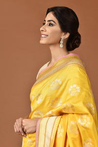 Banarasi Silk Lotus Buti Silver Gold Yellow Saree