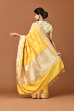Load image into Gallery viewer, Banarasi Silk Lotus Buti Silver Gold Yellow Saree
