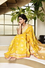 Load image into Gallery viewer, Banarasi Silk Lotus Buti Silver Gold Yellow Saree
