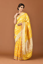 Load image into Gallery viewer, Banarasi Silk Lotus Buti Silver Gold Yellow Saree
