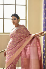 Load image into Gallery viewer, Banarasi Katan Silk Silver and Gold Chhadi Rose Pink Saree
