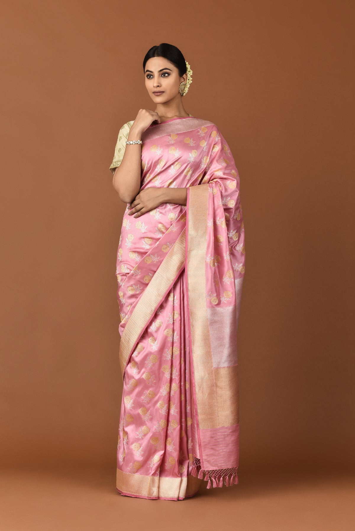 Banarasi Katan Silk Silver and Gold Chhadi Rose Saree