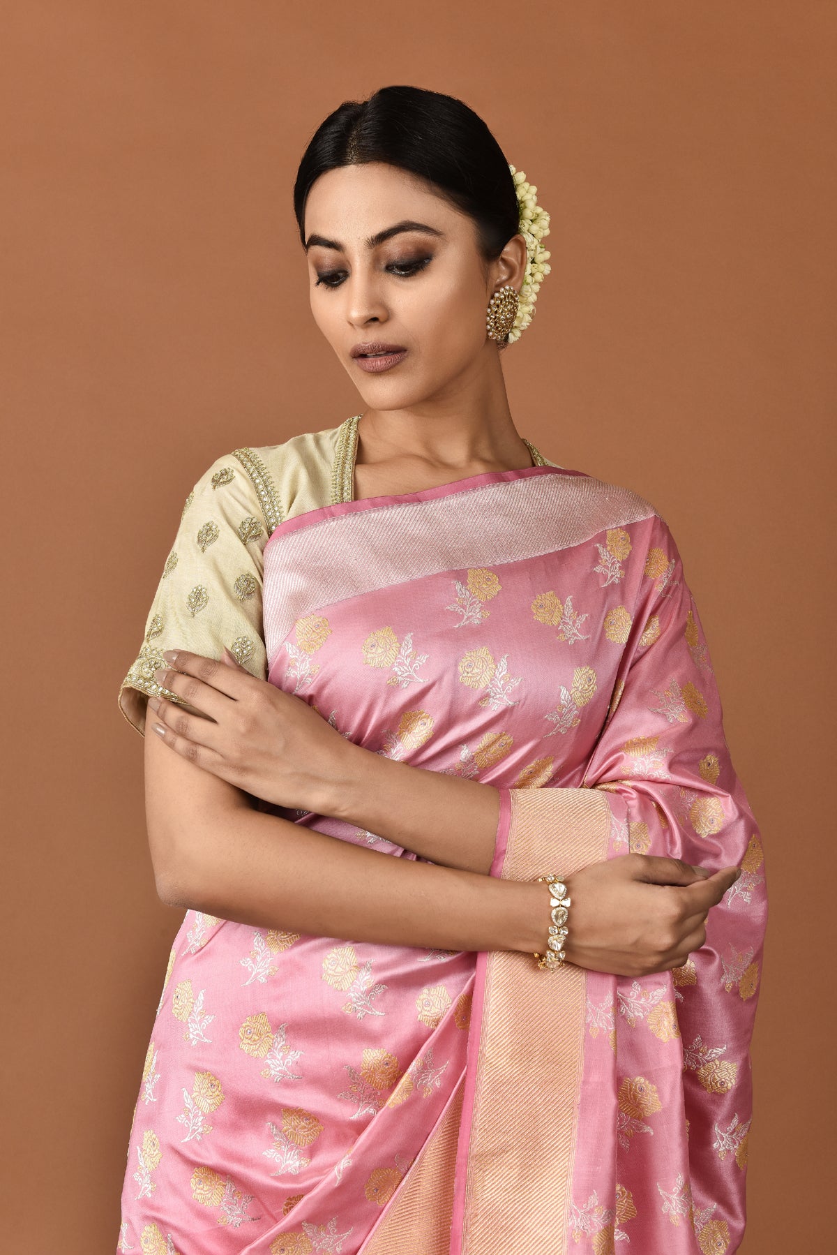 Banarasi Katan Silk Silver and Gold Chhadi Rose Pink Saree