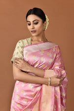 Load image into Gallery viewer, Banarasi Katan Silk Silver and Gold Chhadi Rose Saree
