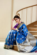Load image into Gallery viewer, Banarasi Silk Phool Bagh Blue Saree
