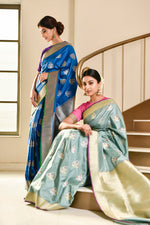 Load image into Gallery viewer, Banarasi Silk Phool Bagh Blue Saree
