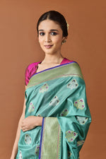 Load image into Gallery viewer, Banarasi Silk Phool Bagh Emarald Green Saree
